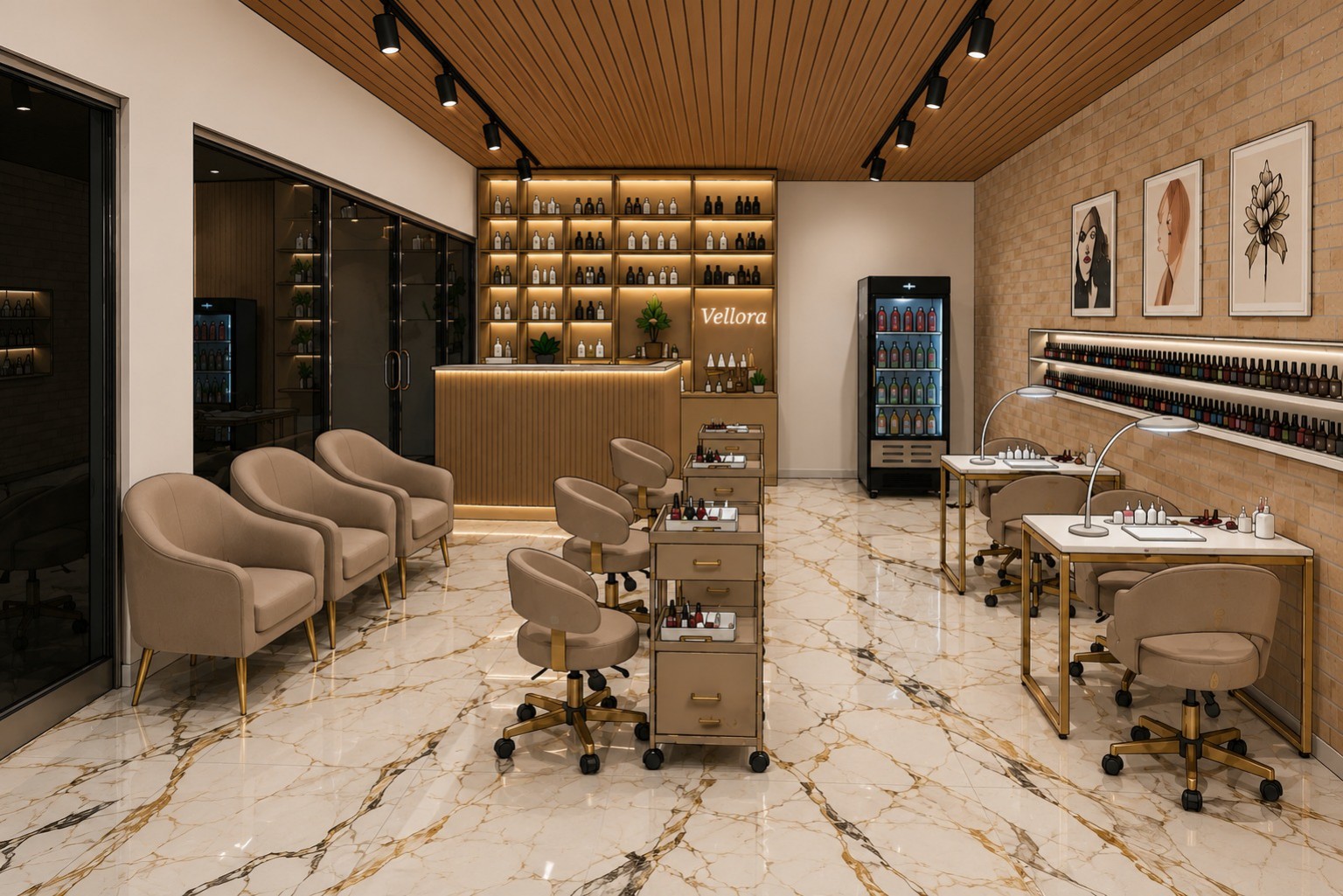 Área de manicure com recepção iluminada e prateleiras de produtos
