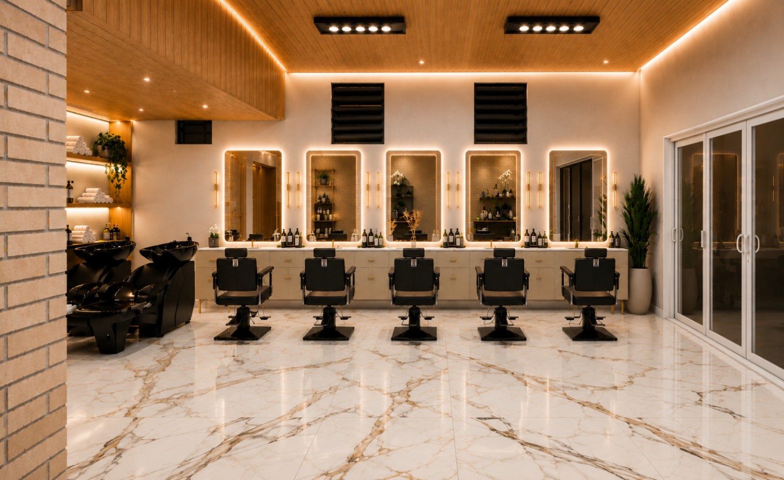 Salão principal do Vellora Beauty com piso de mármore Calacatta, teto de madeira e cadeiras pretas