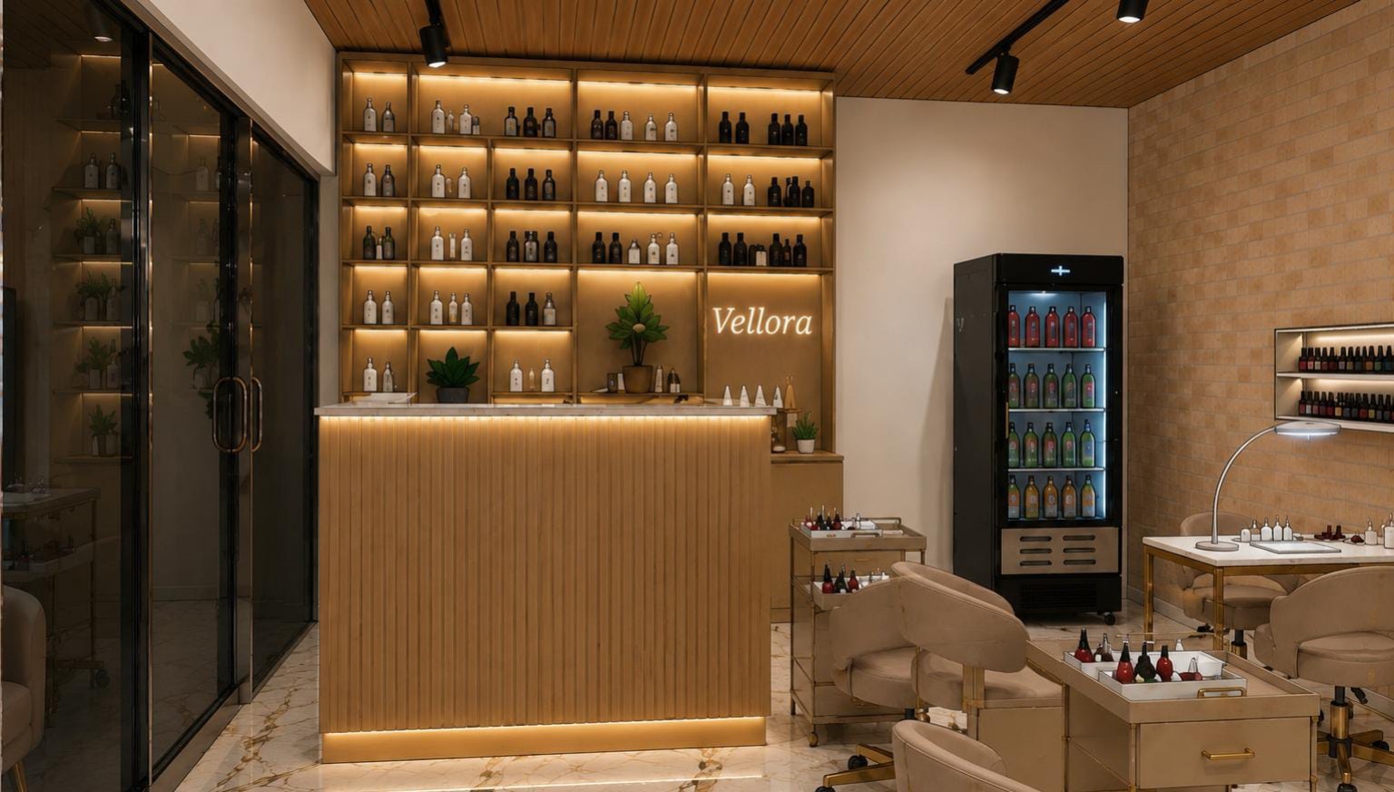 Recepção do Vellora Beauty com letreiro iluminado e prateleiras de produtos