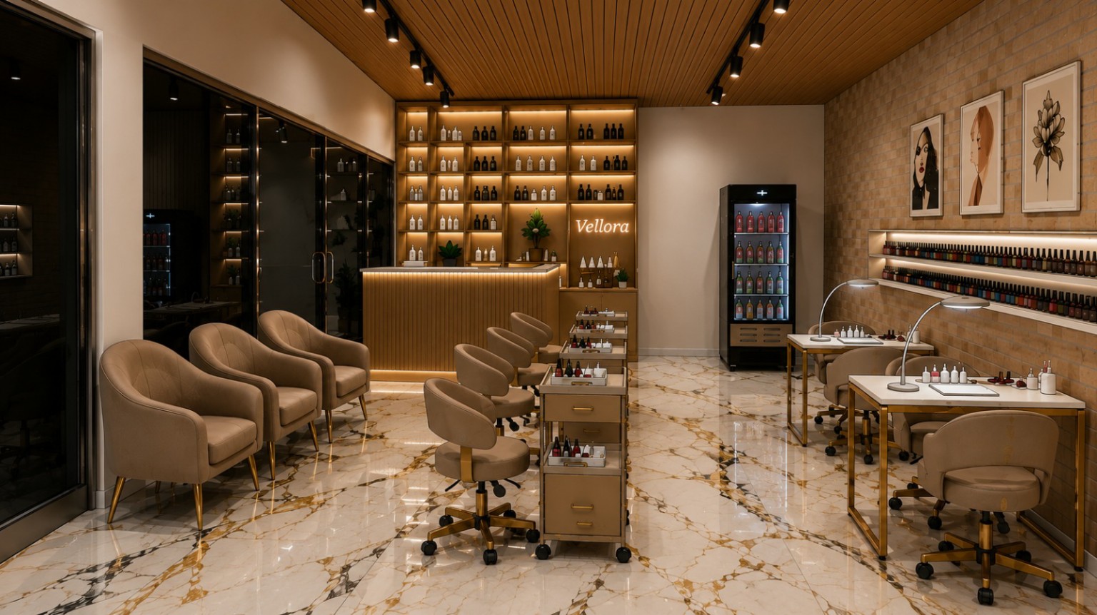 Área de manicure com mesas douradas e poltronas nude